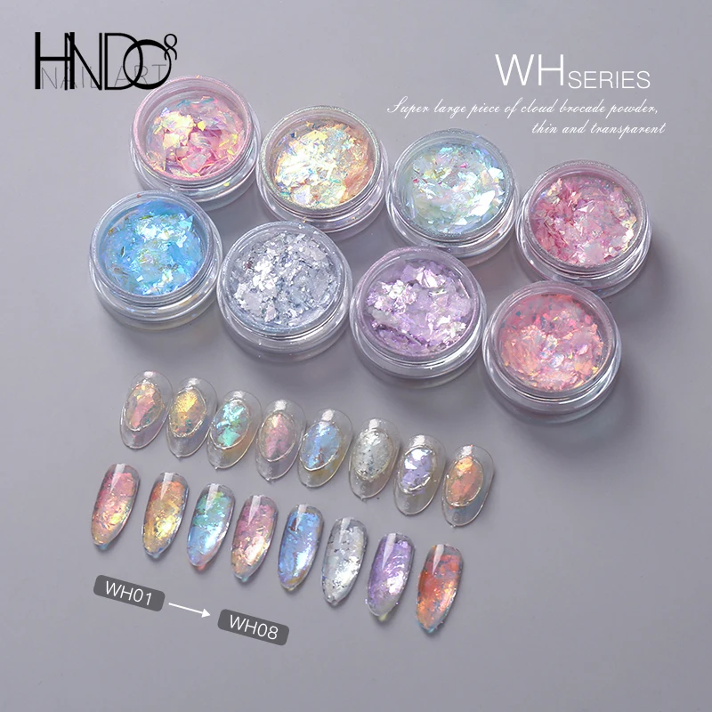 HNDO-Irregular Opal Flocos Prego Pó para Unhas, Aurora Crystal, Professional Pó DIY, Manicure Decoração, WH Série, 8 cores