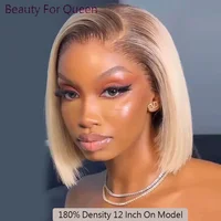 Perruque Bob Lace Front Wig sans colle naturelle, cheveux courts lisses, blond ombré, 13x6, racines foncées, densité 180%, pour femmes 3