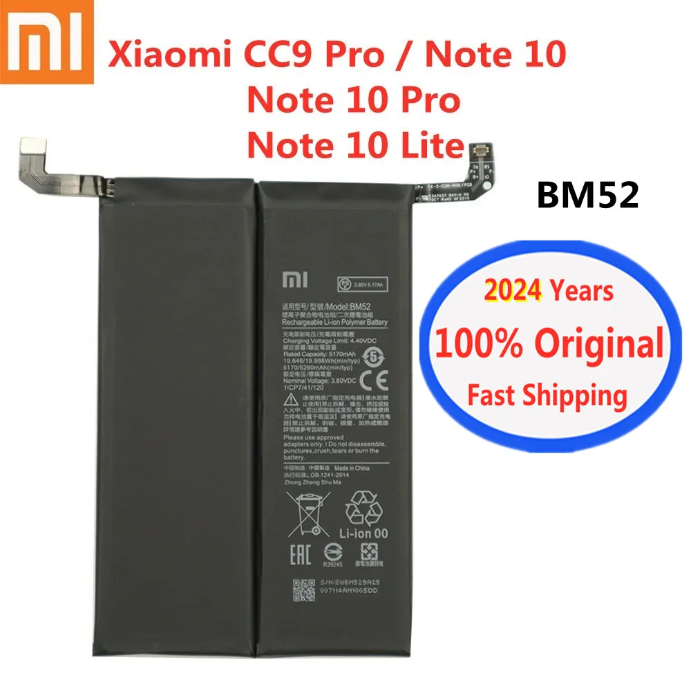

2024 год оригинальный аккумулятор BM52 для Xiaomi Mi Note 10 Lite 10 Lite / Note 10 Pro 10Pro / CC9 Pro CC9pro 5260 мАч аккумулятор батарея