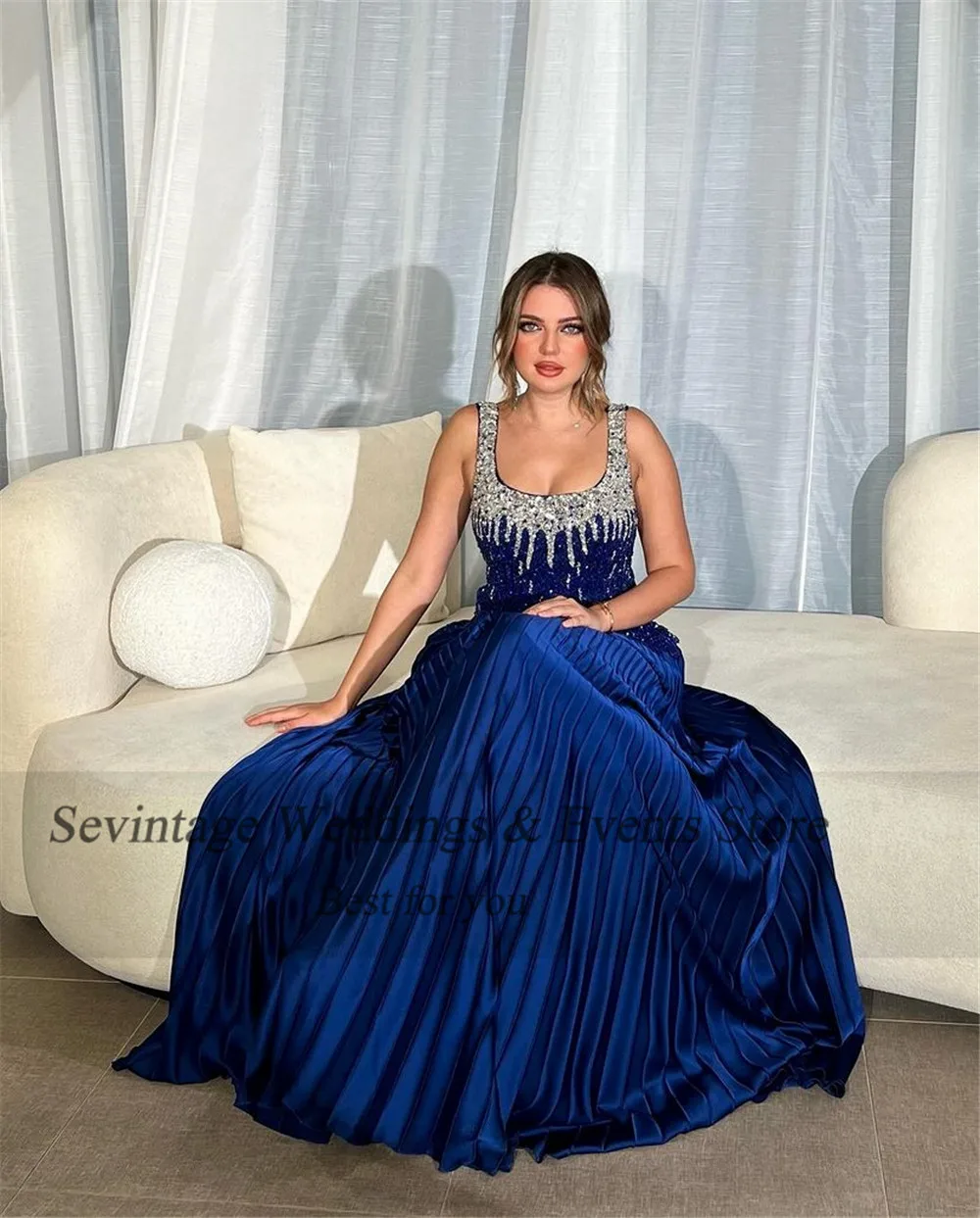 

Sevintage Royal Blue Arabia Satin Prom Dress A-Line Sequined Ruched Floor Length Formal Occasion vestidos para eventos especiale