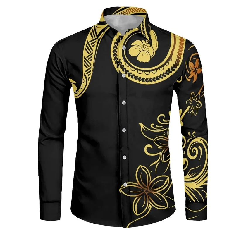 thumbnail image 1 of Camisas hawaianas con estampado 3D de tribu polinesia, camisas casuales de manga larga con cuello alto, blusa con botones para hombre, ropa de otoño, 1 of 5