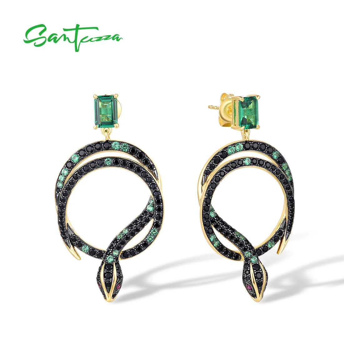 

SANTUZZA Authentic 925 Sterling Silver Stud Earrings For Women Black Green Spinel Snake Animal Dangling Trendy Chic Fine Jewelry