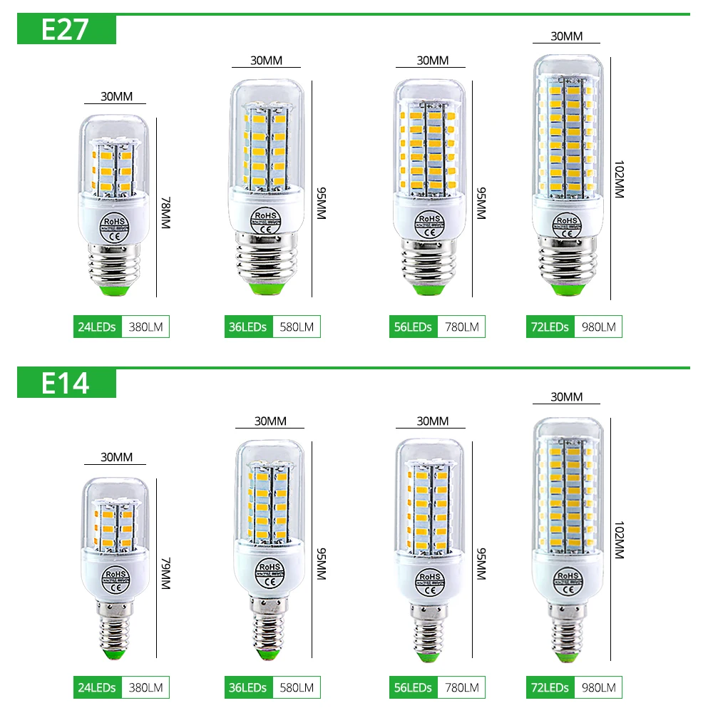 AC 220V E14 E27 LED 옥수수 전구 24 36 56 72 LED 5730SMD Lampada LED 가정용 샹들리에 스포트라이트 교체 할로겐 램프