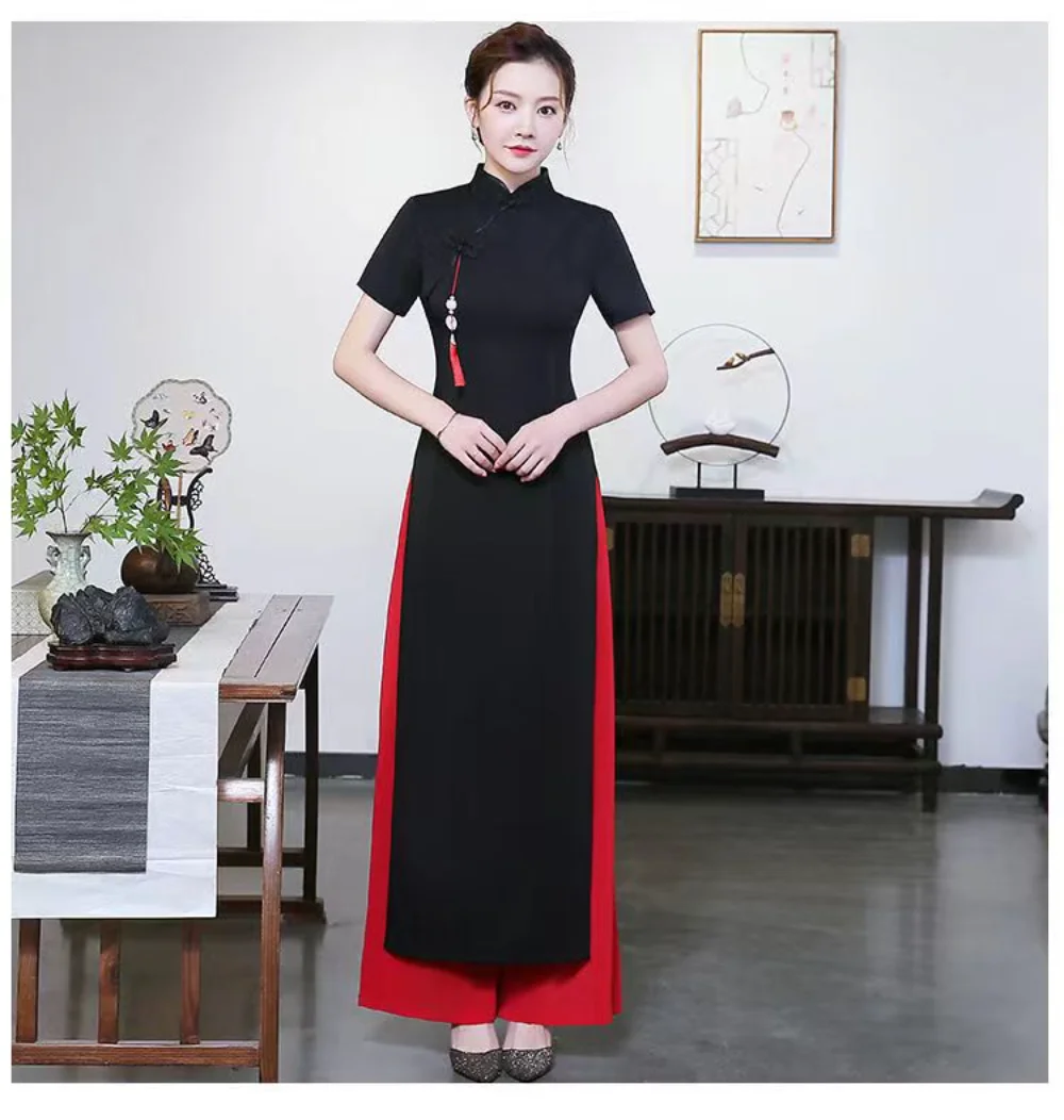 

Plus Size 5XL Ao Dai Modern Clothing Black and Red Vietnamese Traditional Dress + Pants Chinese Women Ethnic 2 Piece Cheongsam