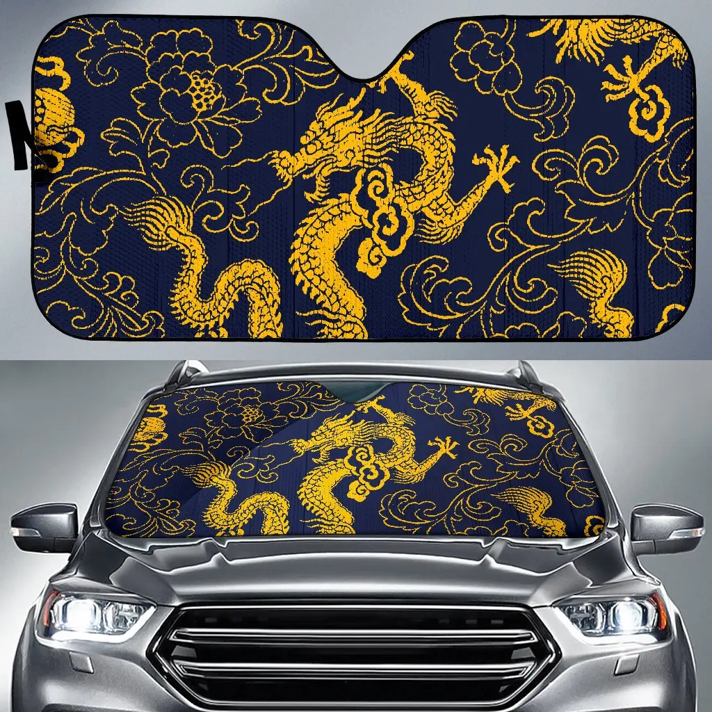

Gold Japanese Dragon Pattern Print Car Sun Shade