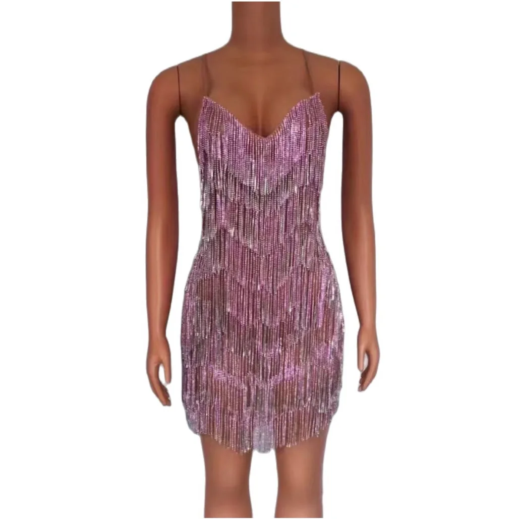 

Spaghetti Strap Shining Pink Tassel Sexy Dress For Women Nightclub Party Clothing Jazz Latin Prom Wears Singer Costumes