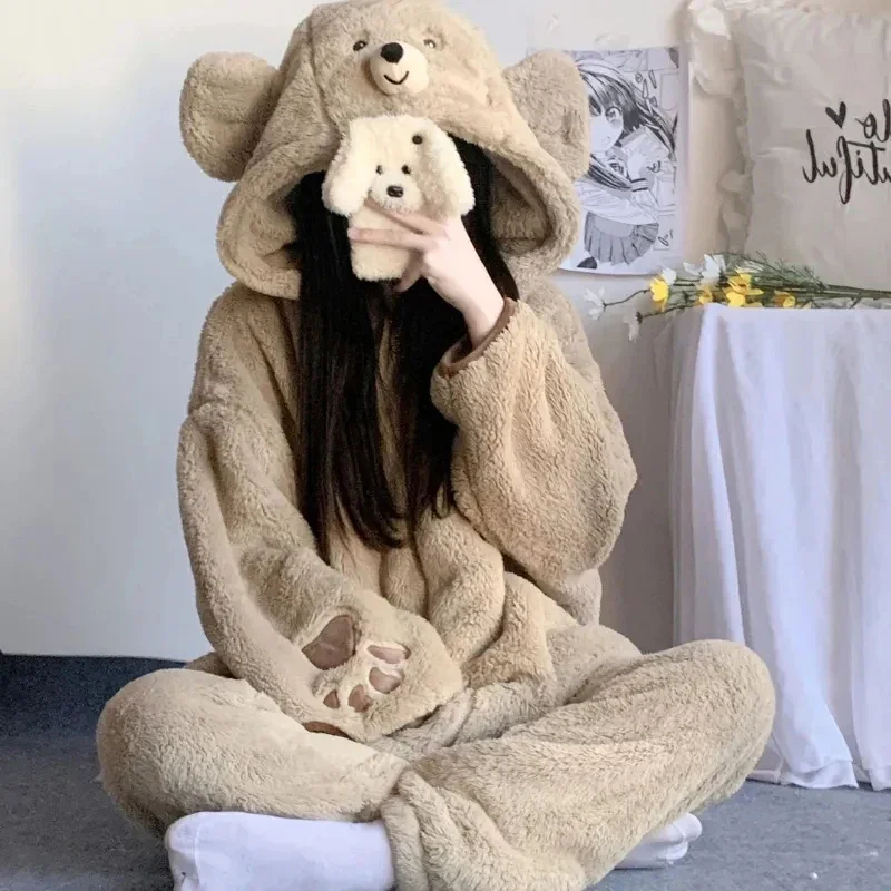 Autumn Winter Cute Bear Ears Coral Fleece Hooded  Loungewear Women Sweet Kawaii Warm Homewear Girls Lounge Sleepwear 2PC Set