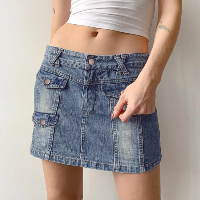 

BM Multi Pocket Old Low Waist Denim Skirt 2023 New Hot Sexy Slim Hip Skirt streetwear style