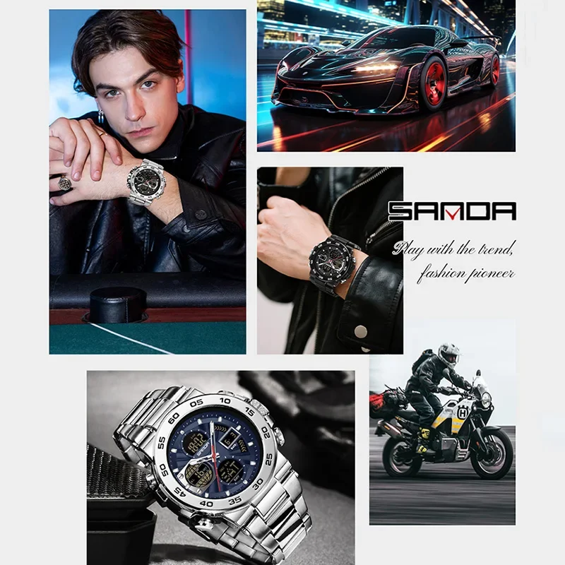 SANDA New Steel Strip Sports Men's Watch Dual Display Dual Movement 5ATM Waterproof Multi functional Man Electronic Quartz Watch view 5