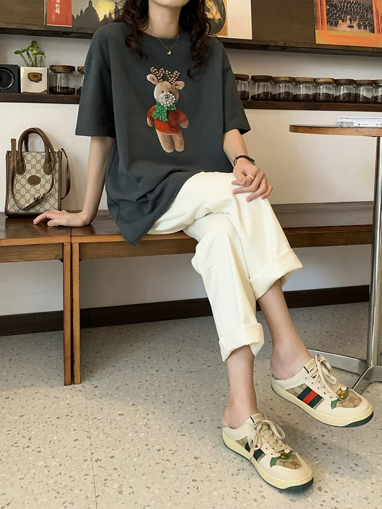 NuoChu 출산 청바지 베이지 슬림 스트레이트 레그 청바지 봄 가을 착용 아우터 편안한 신축성 있는 긴 바지