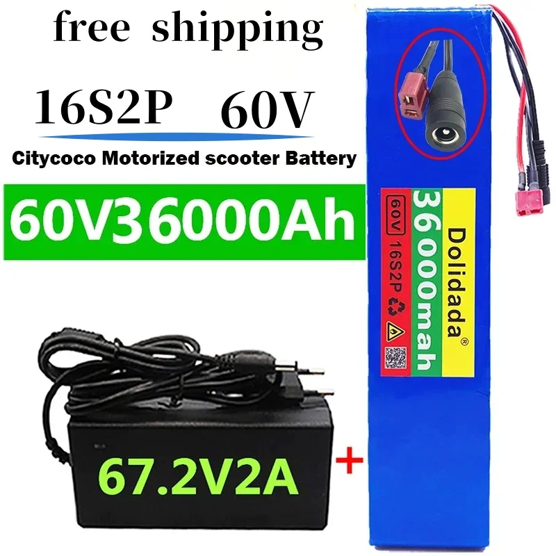 

Rechargeable Battery Pack 60V 16S2P 18650 Li-ion 67.2V 36000mAh Ebike Electric Bicycle Scooter with BMS 1000Watt Tplug + Charger