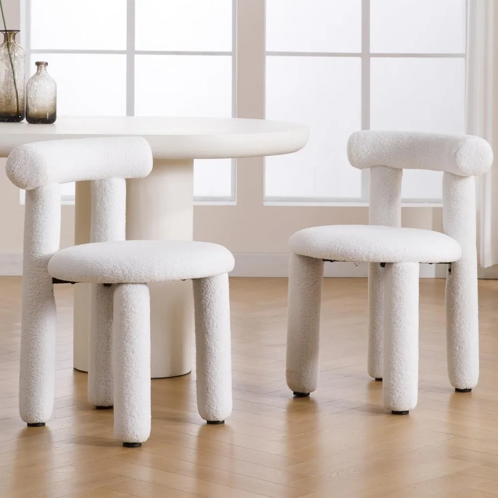 Modern Boucle Dining Chairs Set of 4, Sherpa Fabric Upholstered Barrel Dining Chairs Armless Curved Back Accent Chairs 3