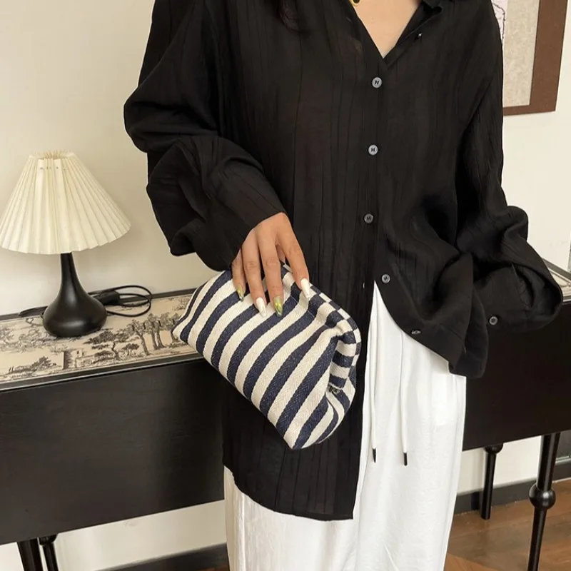 Summer Woven Crochet Purses for Women Beach Clutch Handbags 2025 Dumpling Hobo Casual Colorblock Bag Ladies Ruched Cloud Purse - 3