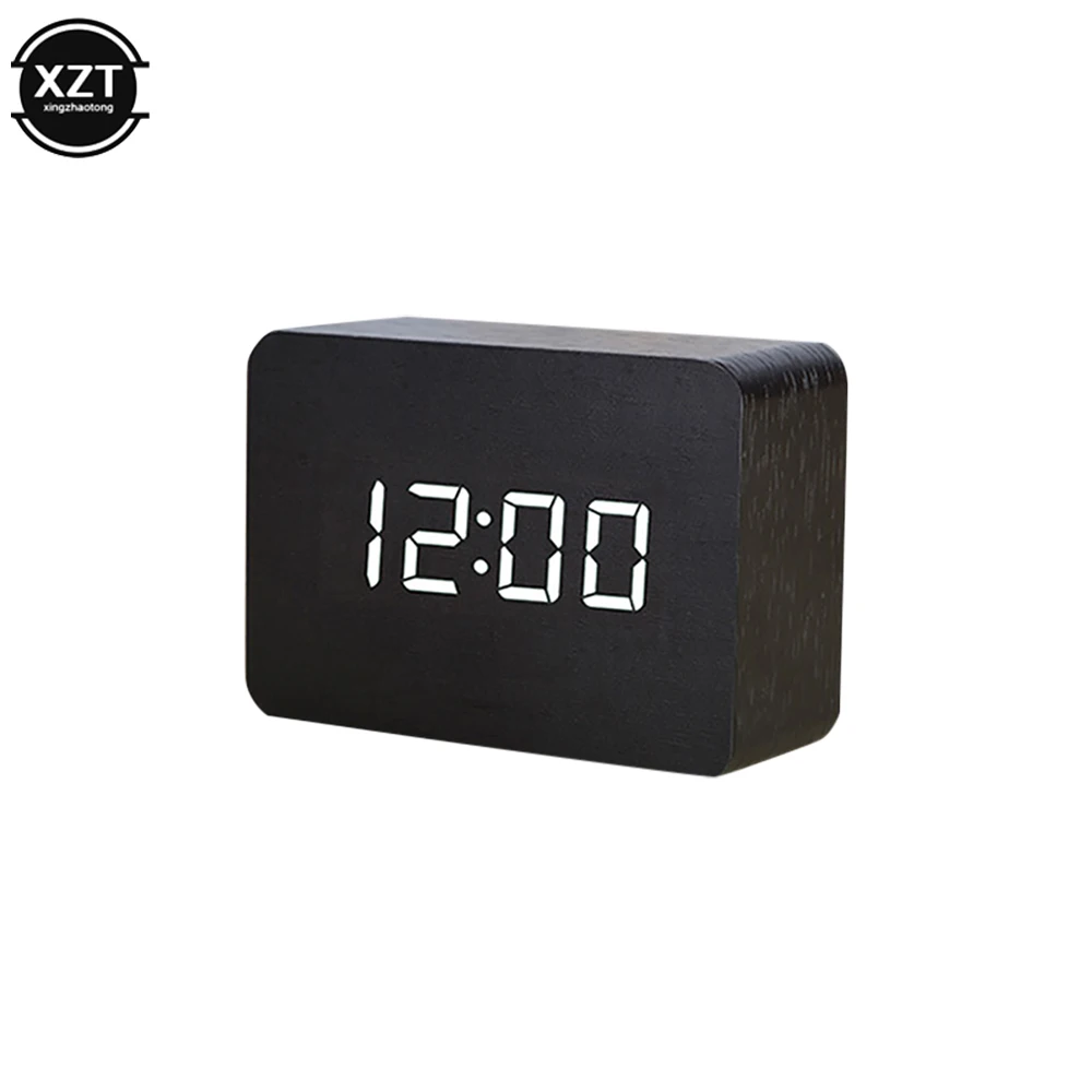 Alarm Clock LED Wooden Watch Table Voice Control Digital Wood Despertador USB Powered Electronic Desktop Clocks 5