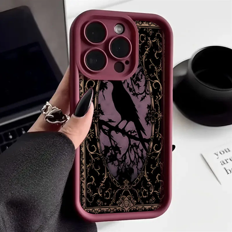 Aesthetic Black Crow Pattern Wine Red Phone Case for iPhone 16 E15