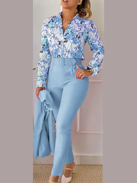 Women s Printed Long Sleeved Shirt Suit Spring Summer Slim High Waist Lace Up Elegant Female Office Pencil Pants Two Piece Set