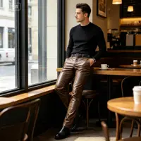 Pantalon droit en simili cuir pour hommes, coupe slim, décontracté, streetwear, pour le bureau, les voyages quotidiens 3