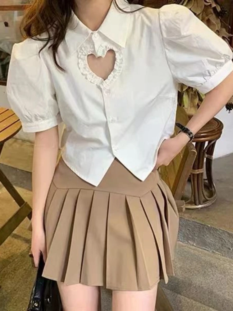 HOUZHOU Kawaii White Blouse Women Summer Hollow Out Sweet Casual Short Shirt Lolita Preppy Style Short Sleeve Top High Street casual high street checkered diamond pointed collar man shirt apparel new summer short sleeve loose patchwork preppy style top