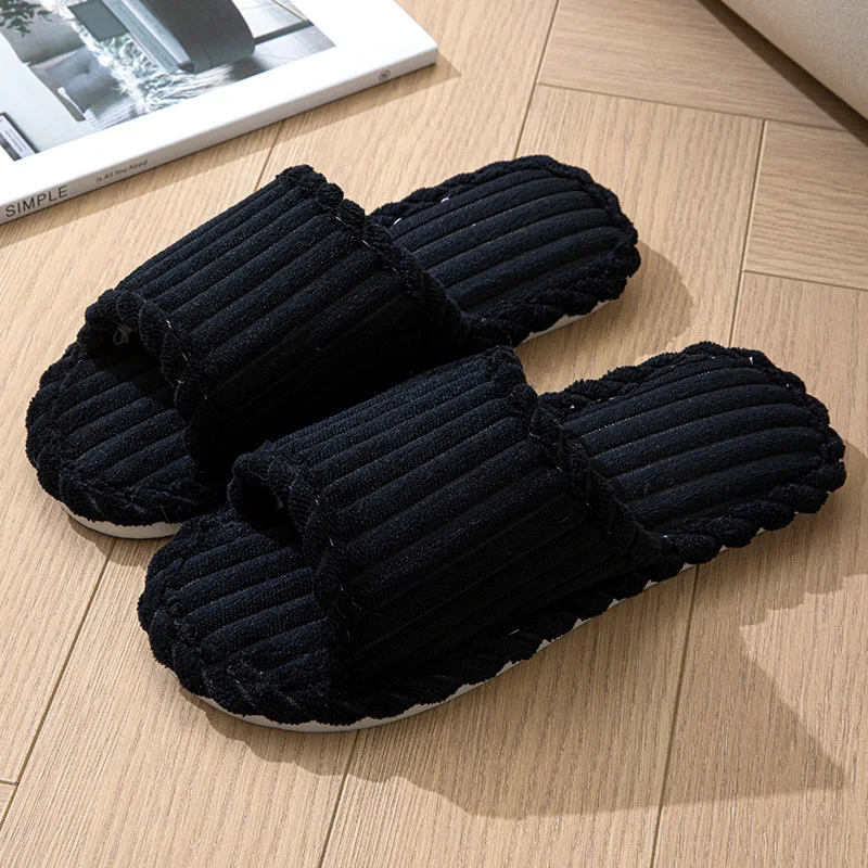 2024 women's new fashionable and minimalist one word slippers for indoor and home couples with striped open toe cotton slippers - Image 4