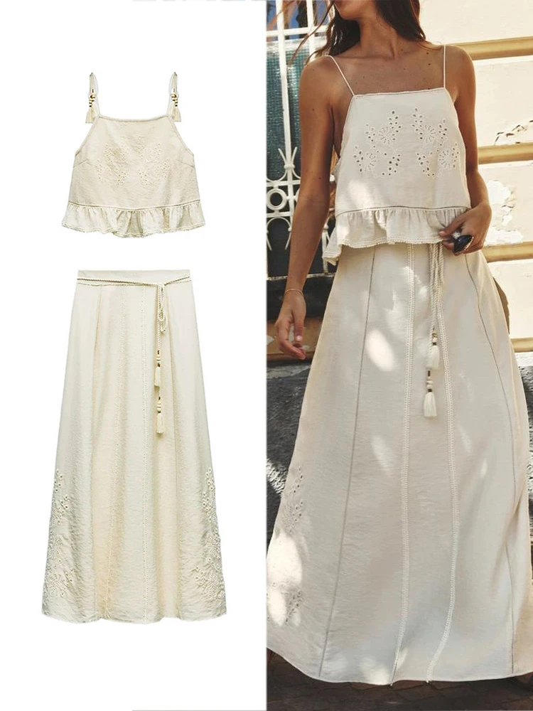ZABA Women's Chinese Style Embroidery Hollow Out Camisole Top +High Waist Mid-Length Skirt Set Sweet Holiday Style Two Piece Set