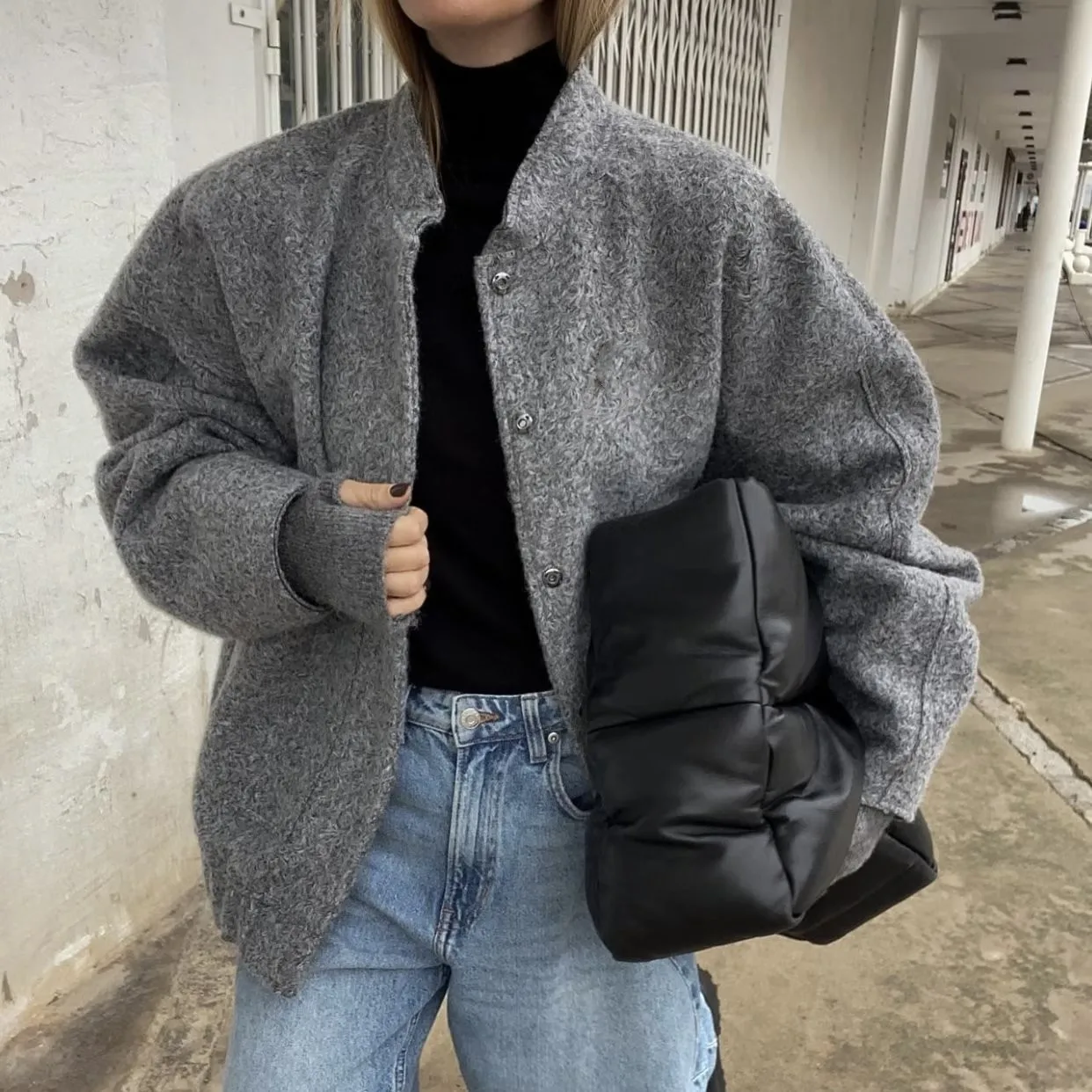 

Grey Women jacket casual loose jacket for women stand collar long sleeve bomber jackets winter thick baseball coats