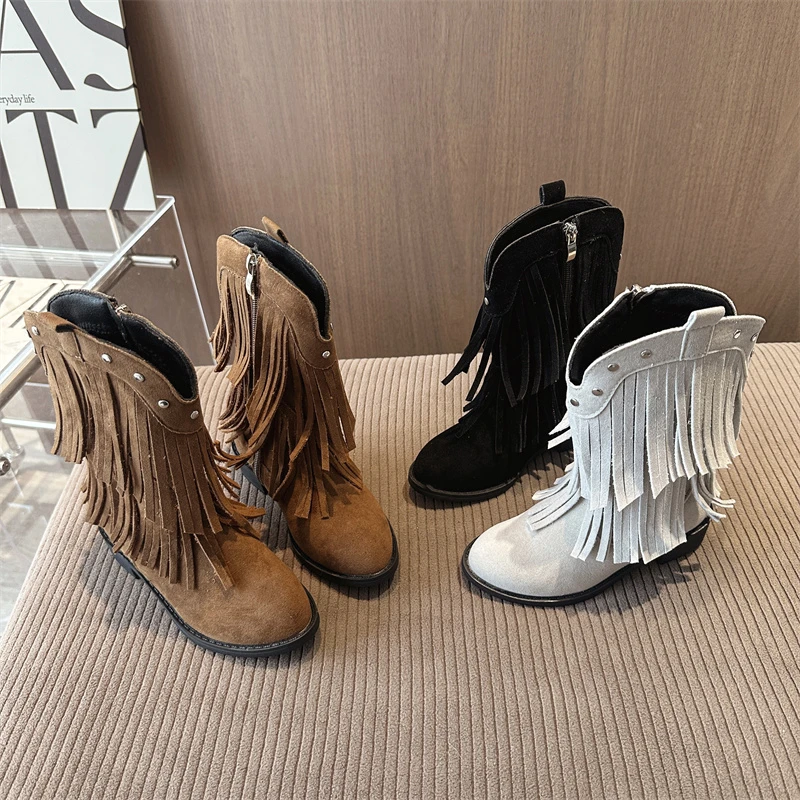 2025 Autumn New Children's Ankle Boots Retro Tassel Girls Fashion Princess Boots Solid Color Causal Non-slip Kids Leather Boots