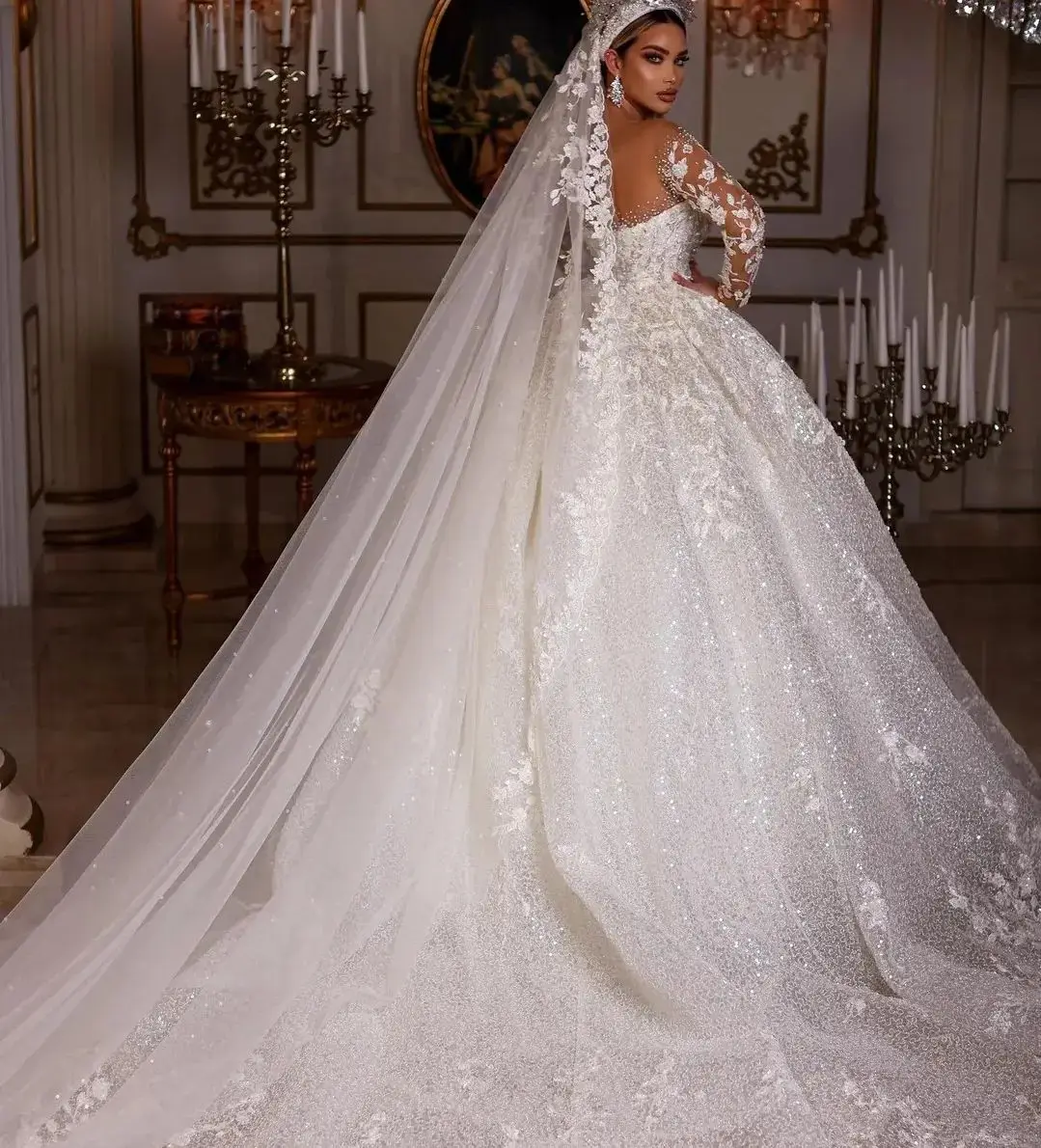 Princess Wedding Dresses Vintage Bridal Gown Beading Shinny Tulle Long Sleeves Robe Elegant Luxury Pretty Dress Customized 2025 2