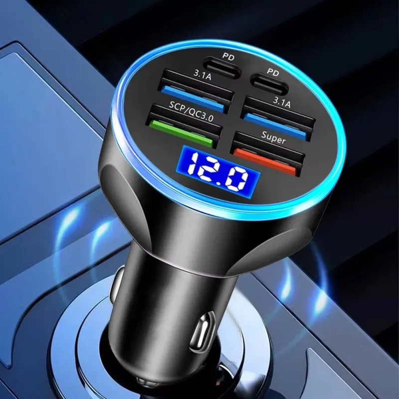 250W PD Car Charger QC3.0 Fast Charge One to Six Car Cigarette Lighter Plug 5 Port Car Charger Flash Charge with Digital Display - 4