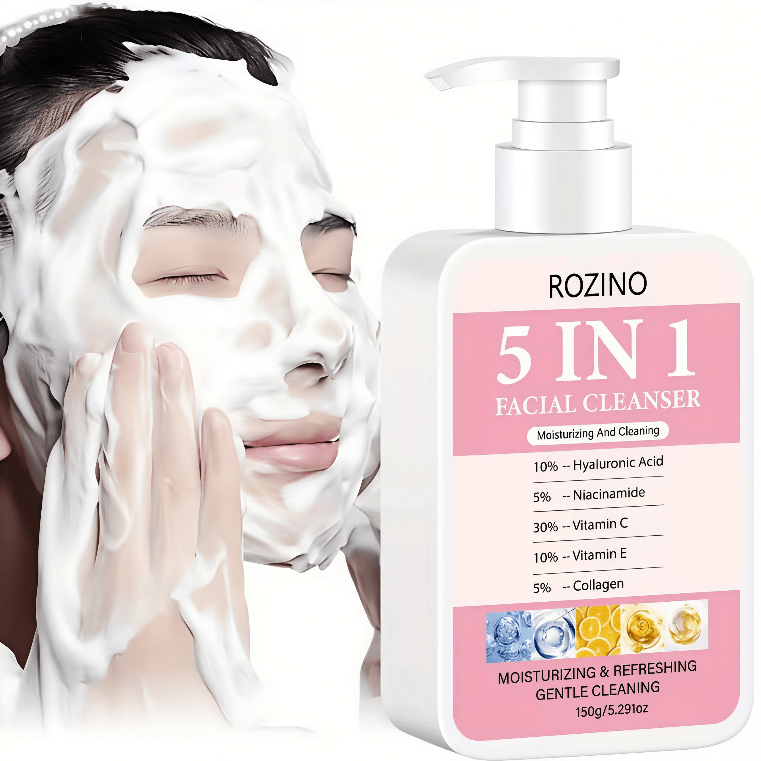 Hydrating and Brightening 5-in-1 Facial Cleanser with Hyaluronic Acid, Niacinamide, Vitamin C, Vitamin E, and Collagen - Deep Cleansing and Moisturizing Formula for Radiant Skin
