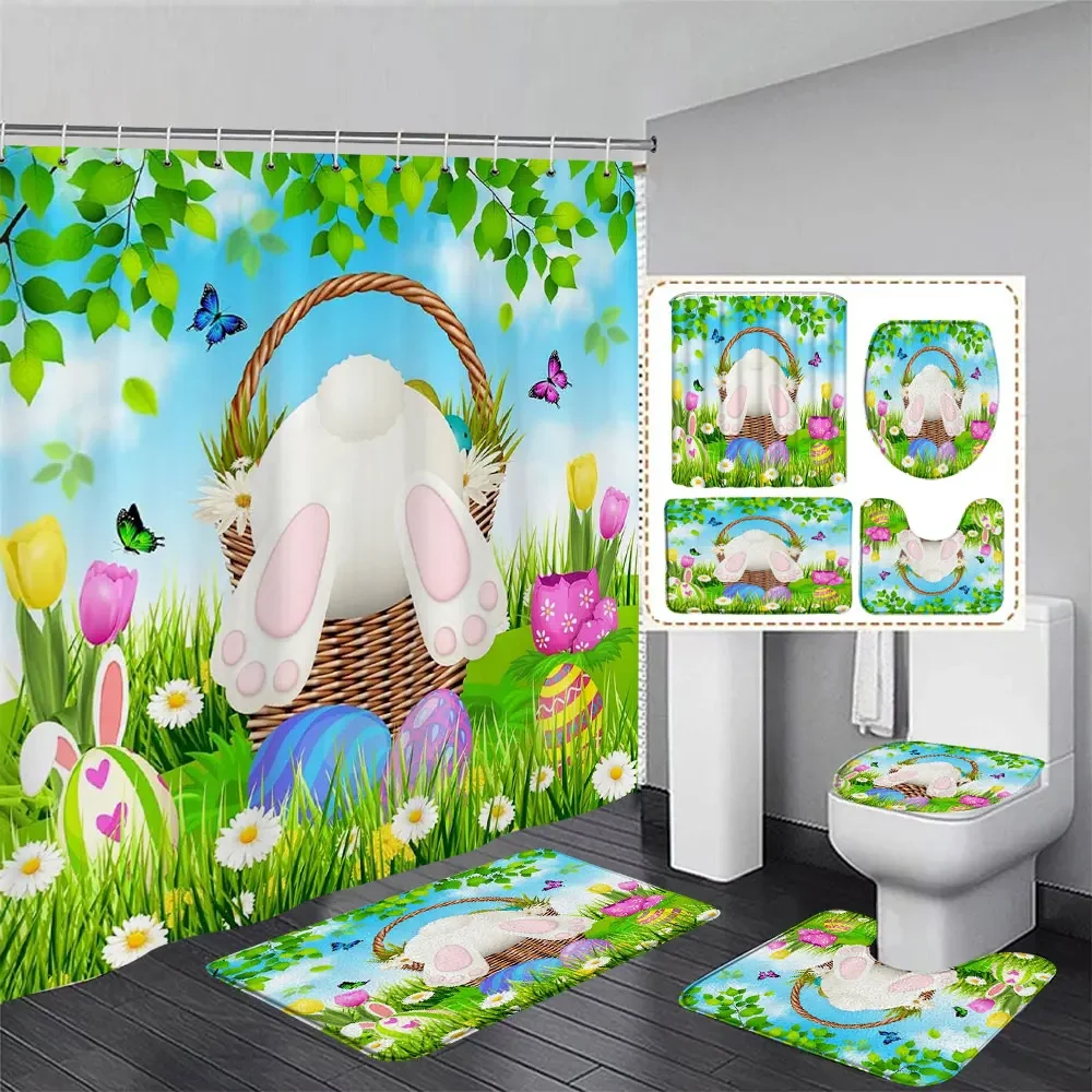 

Happy Easter Shower Curtains and Rugs for Bathroom Decor Truck Bunny Elf Eggs Holiday Shower Curtains Toilet Mats Bathtub Decor