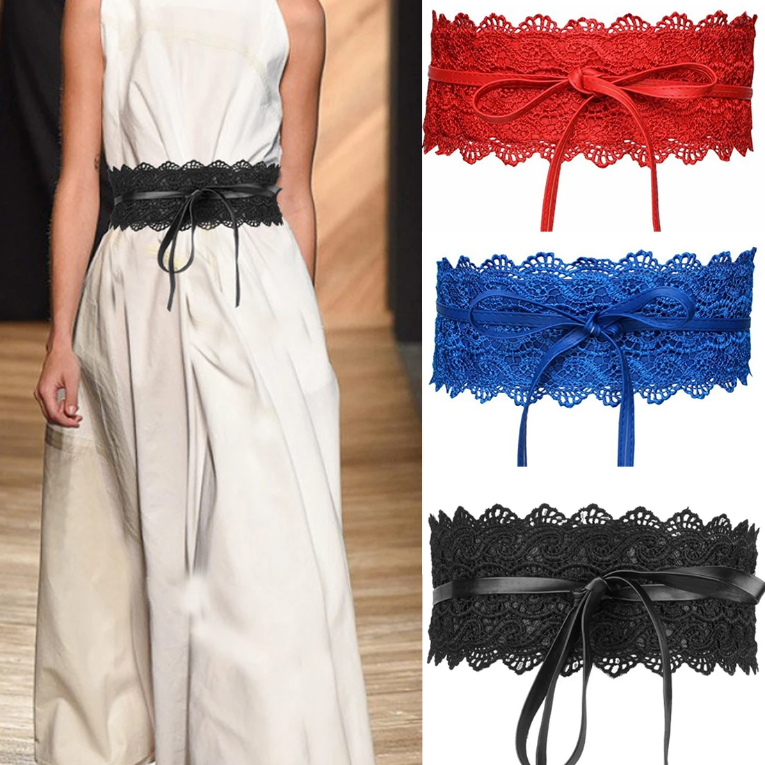 

Women Dress Bowknot Belt Fashion Faux Leather Lace Wide Belts Girdle Waist Band Simple Wrap Waistband Coat Corset Waistbelt