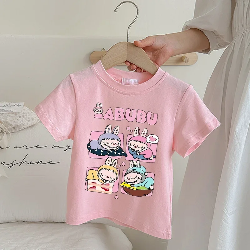 Labubu Pop Mart Pink T-shirt for Children Cartoon Anime Summer Short Sleeved Shirt Boys Girls Fashion Cute Clothing Kids Clothes 2
