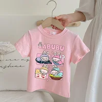 Labubu Pop Mart Pink T-shirt for Children Cartoon Anime Summer Short Sleeved Shirt Boys Girls Fashion Cute Clothing Kids Clothes 2