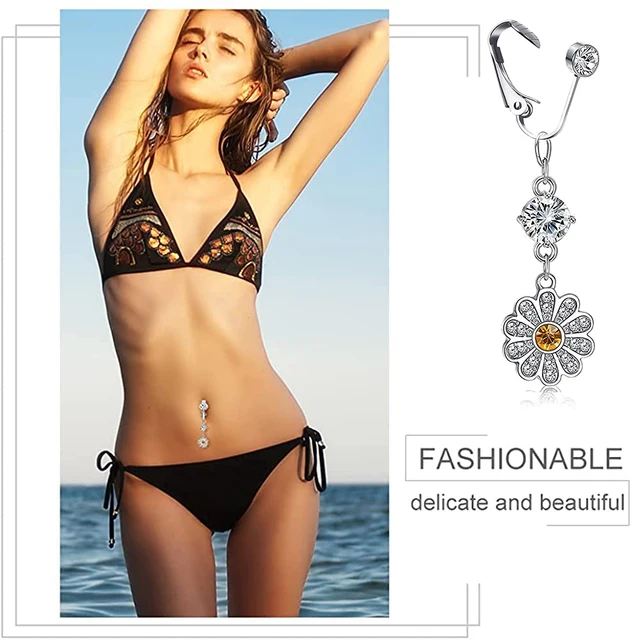 Piercing Ombelico Finto Con Clip - Acciaio Chirurgico, CZ Lucido, 2 Pezzi - Foto 5