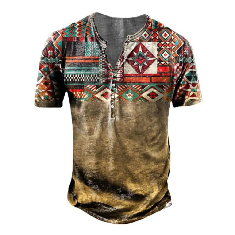 Summer Men's Shirts Geometric Print O Neck Short Sleeve Button T shirt Casual Retro Style Summer Top Blouse Chemise Homme