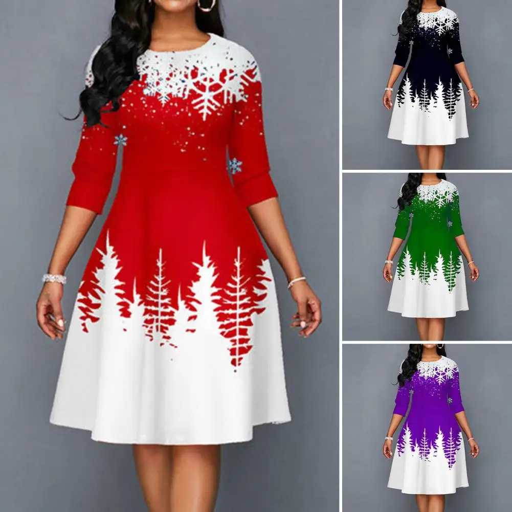 

Dress Women 2023 O-Neck 3/4 Sleeves Waist Tight High-Waist Christmas Dress Xmas Tree Snowflake Print Large Hem A-Line Midi Dress