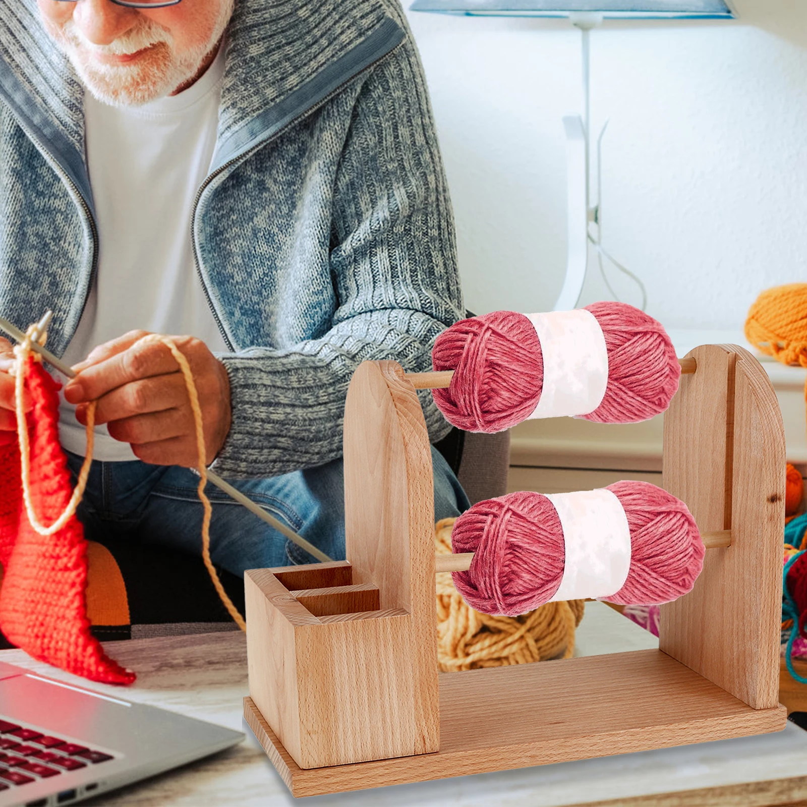Yarn Holder for Crocheting Wood Yarn Rack Stand with Double Slots Practical Ball Dispenser Easy to Assemble Spinner yarn holder