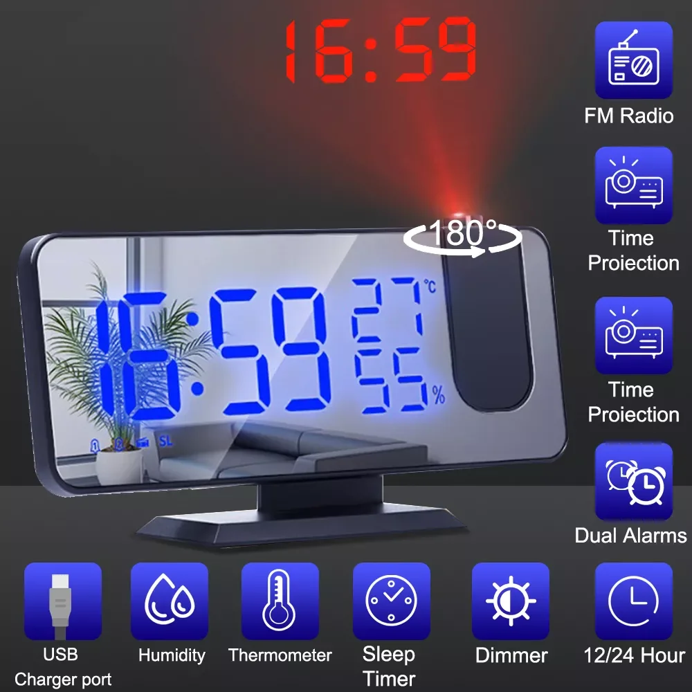 Reloj despertador con proyección Digital LED, despertador electrónico con proyección, Radio FM, proyector de tiempo, reloj silencioso para cabecera de dormitorio 1