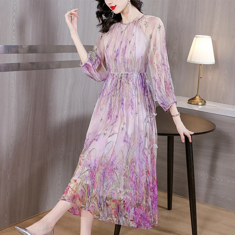 

2023 New Fashion Silk Printed Dress Women's Autumn Versatile Round Neck 3/4 Sleeve Loose Fit Casual Holiday Dress Vestidos