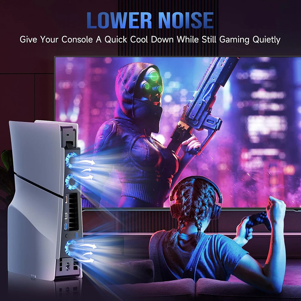 Silent Enhanced Cooling Fan for PS5 Slim Console(Digital/Disc) with LED Lights Efficient Cooling System for Playstation 5 Slim
