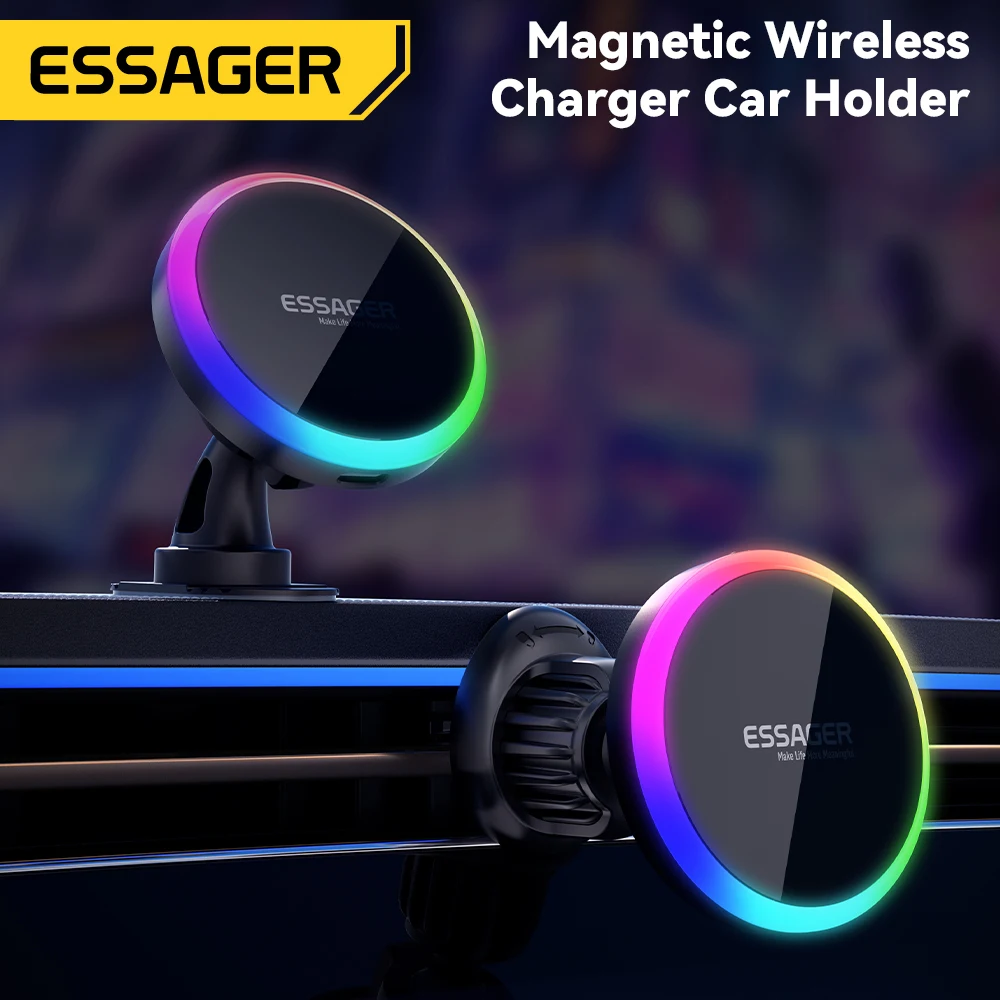 Essager RGB supporto magnetico per telefono da auto Qi 15W caricatore Wireless Macsafe per iPhone 15 14 13 supporto universale per telefono Samsung