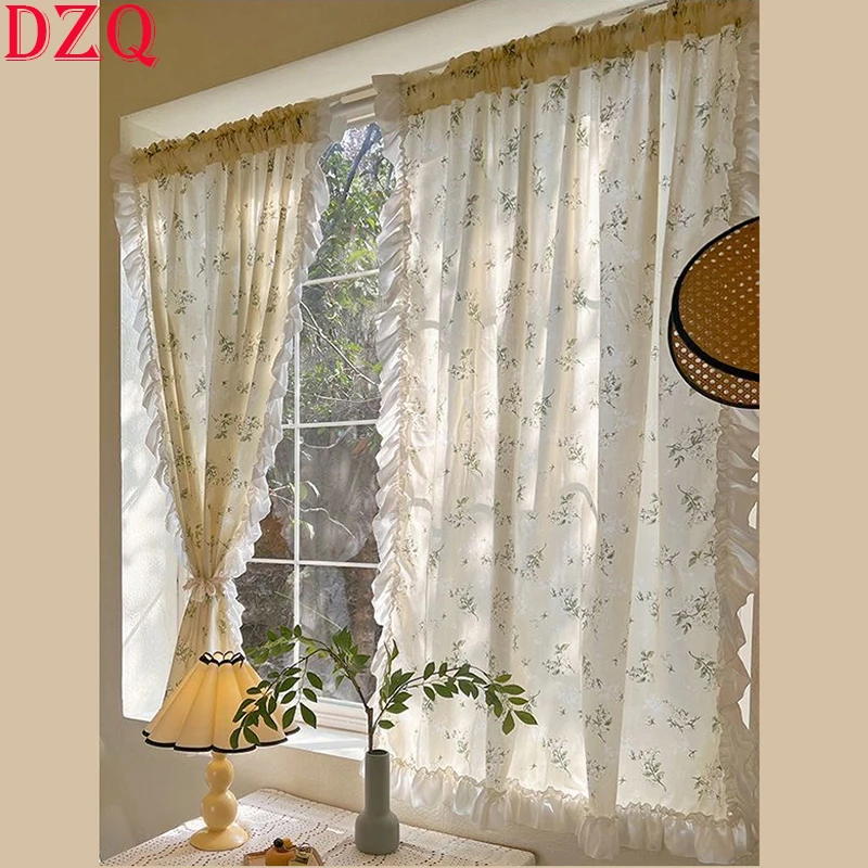 

Idyllic French Rural Grass Door Curtains Cloth for Living Room Warp Ruffled Cotton and Linen Curtains for Kitchen #A414