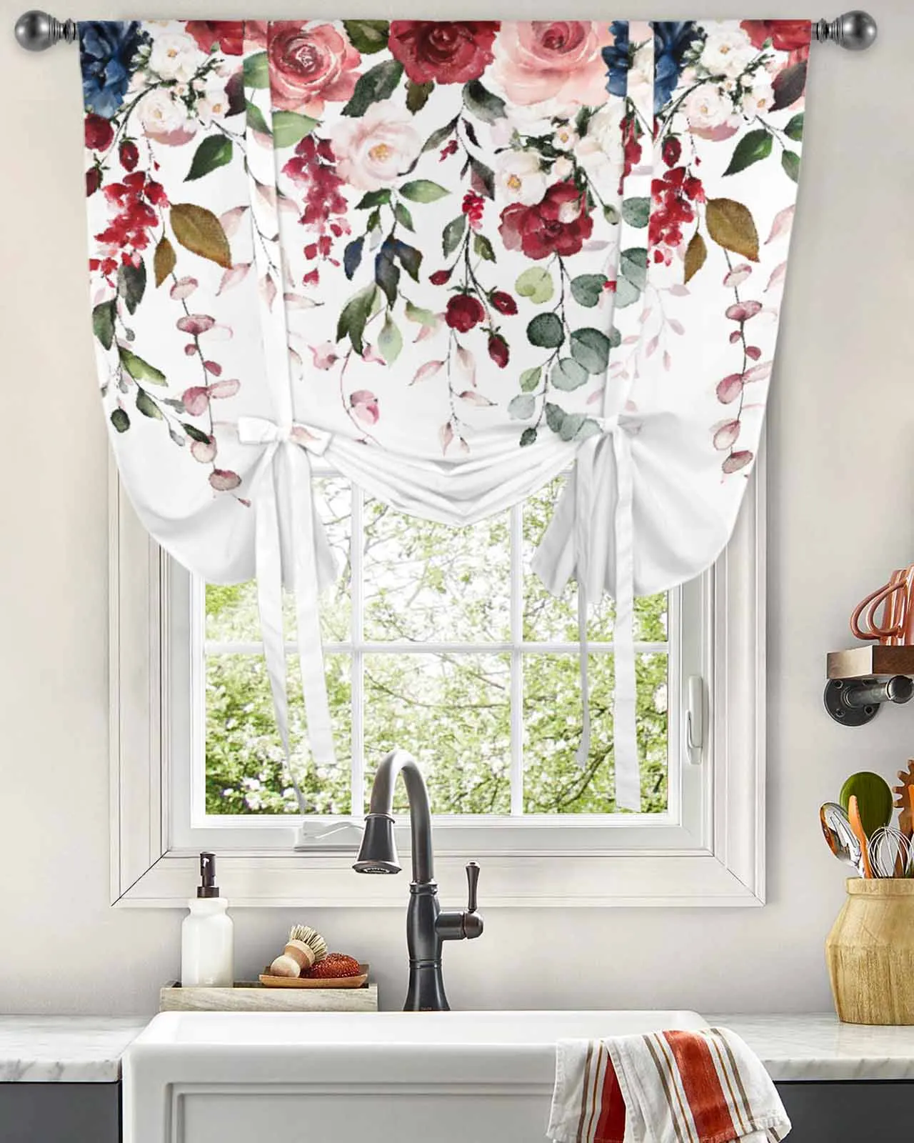 

Valentine'S Day Pink Rose Flower Plant Window Curtain for Living Room Adjustable Curtains for Kitchen Cafe Tie Up Short Drapes
