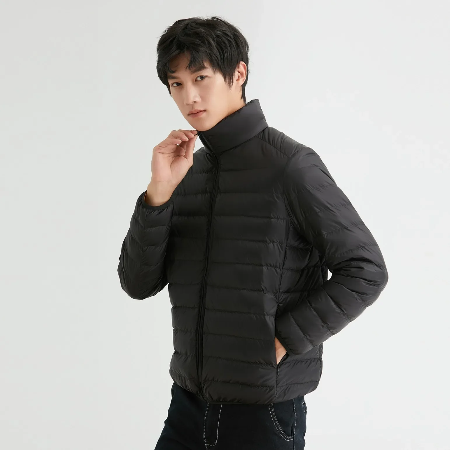 일본 U-home 남성용 경량 다운 코튼 패딩 코트, 스탠드 칼라 90 화이트 플리스 안감, 겨울 재킷