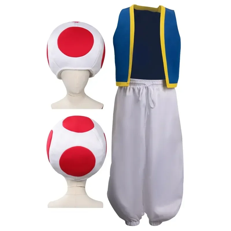 

Halloween Costume Cosplay Game Anime Toad Red Mushrooms Hat Vest Pants Carnival Party Cloth Accessories Roleplay Kids Boys Gift