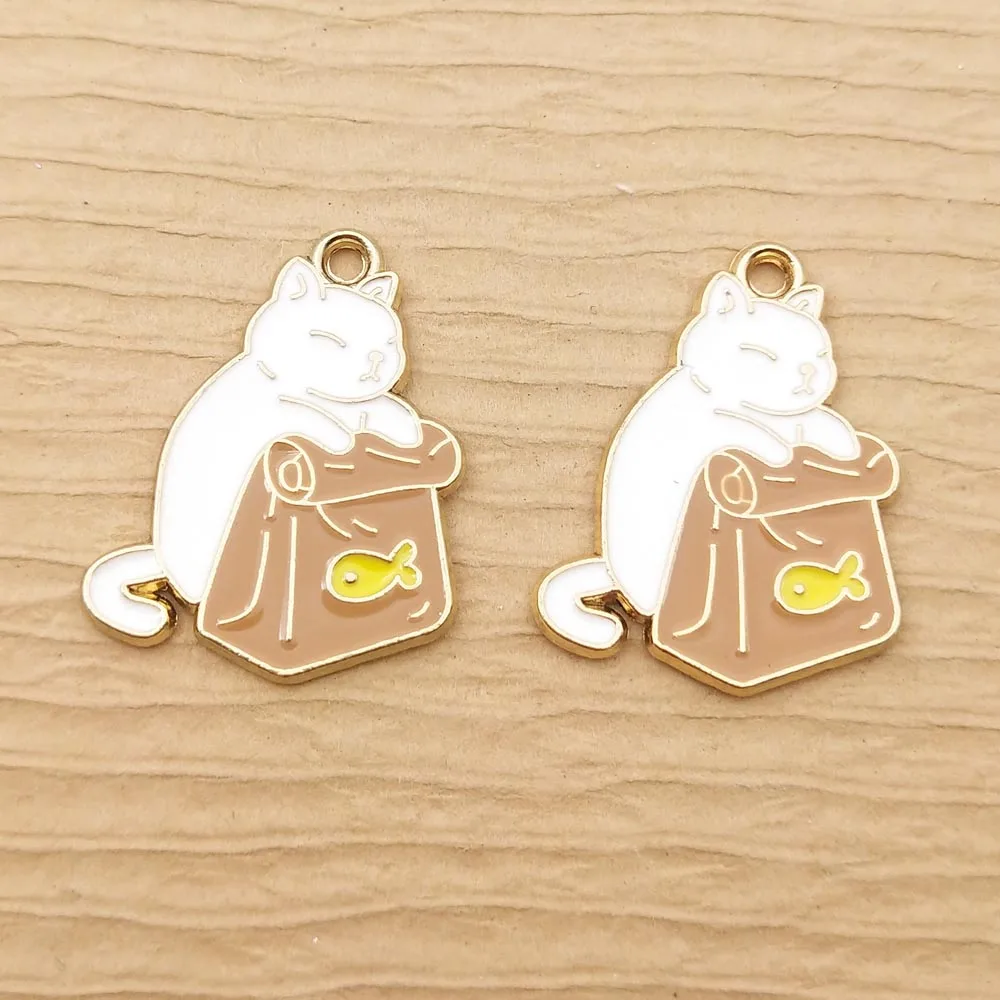 10pcs Enamel Fish Cat Charm For Jewelry Making Bulk Supplies Cute
