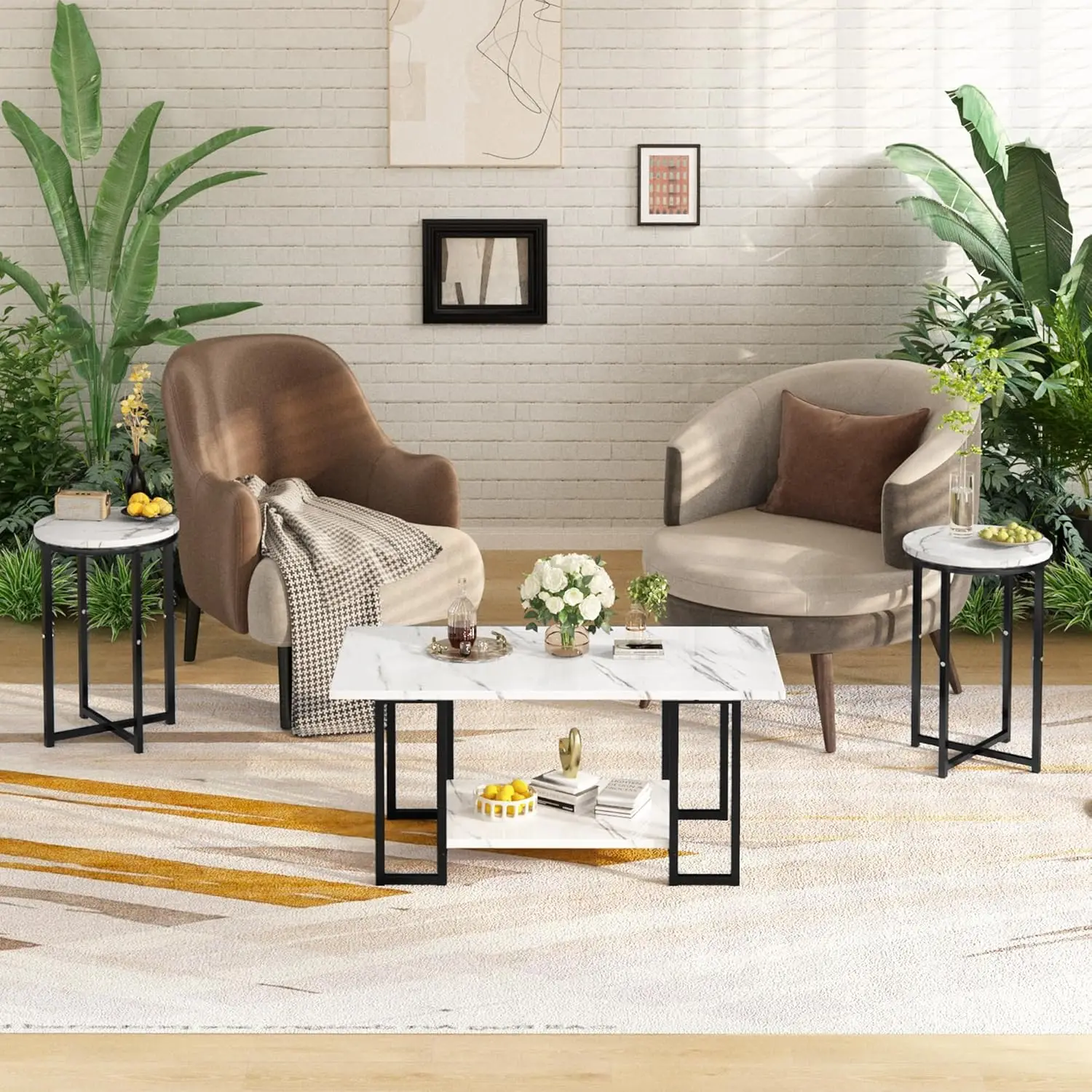 3 Pieces Living Room Table Set, Faux Marble Coffee Table with 2 Round End Side Tables, Coffee Table Set with Metal Frame 3