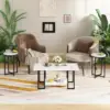 3 Pieces Living Room Table Set, Faux Marble Coffee Table with 2 Round End Side Tables, Coffee Table Set with Metal Frame 3