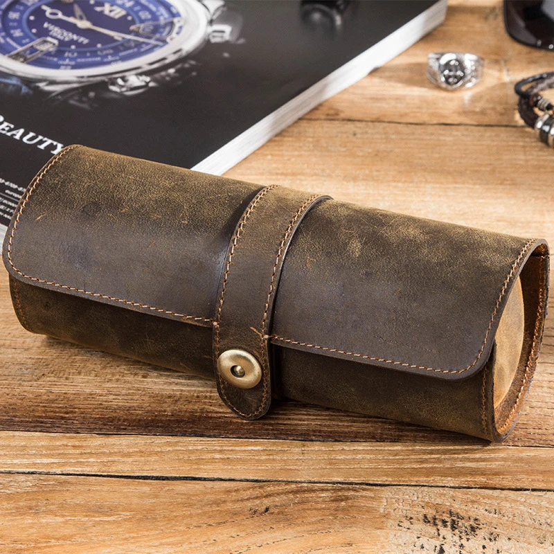 Watch Box Cow Leather 3 Slot Handmade Watch Roll Travel Case Wristwatch Pouch Exquisite Retro Slid in Out Organizer watch storage box,watch storage bag,watch storage pouch