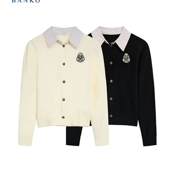 Preppy Style French Solid Color Knitted Cardigan Women Oversized Sweater Polo Collar Long Sleeve Korean Streetwear Autumn Winter